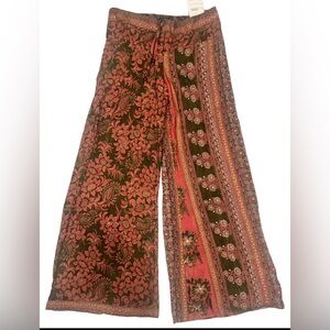 Jungle Billee Boho Wide Leg Pants Floral Paisley Print Elastic Waist L/XL NWT